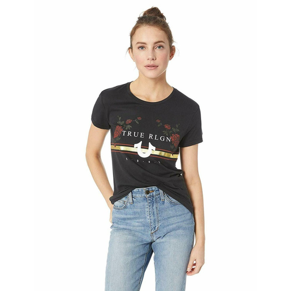 True Religion Women's Gold Metallic Rose Logo Tee - Picture 2 of 3